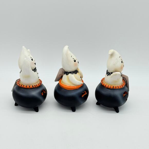New Johanna Parker 3 Cutie Ghosts In Jack O Lantern Cauldron Halloween Ghost Set - Picture 2 of 8